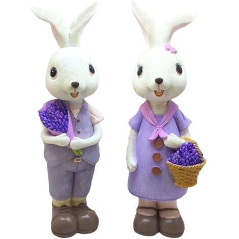 Statue de lapin en résine - Lot de 2 - Décoration de table multicolore pour fêtes et jardin