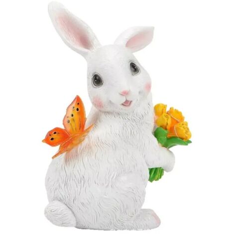 Statue de lapin lumineuse en résine à énergie solaire, décoration de jardin, idéale pour un sentier, un porche, une pelouse, un jardin ou un extérieur, blanche