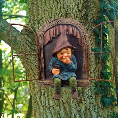 Statue de nain de jardin féerique fantaisiste, décoration d'extérieur avec visages d'arbres - 15 cm, décoration amusante pour arbre de jardin, idéale pour patio, cour, pelouse, porche