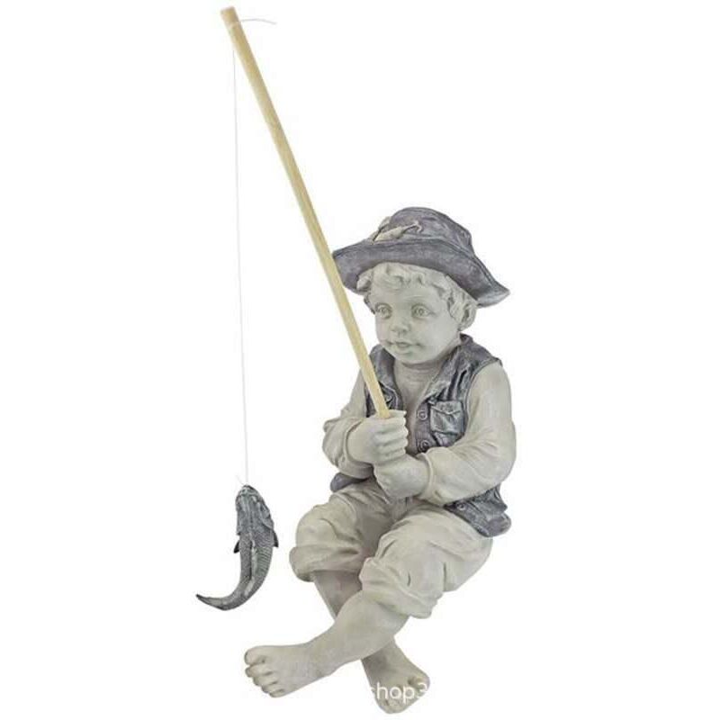 Statue de pêcheur de jardin, résine, pierre bicolore