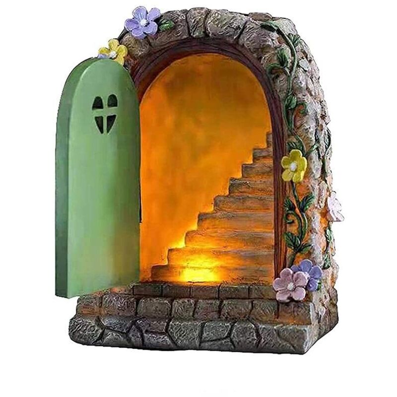 Statue de Porte de Fée, Matériau en Résine Peinte à la Main Décoration de Porte en Pierre de Jardin de Fée Lumineuse Statue de Porte de Fée Solaire