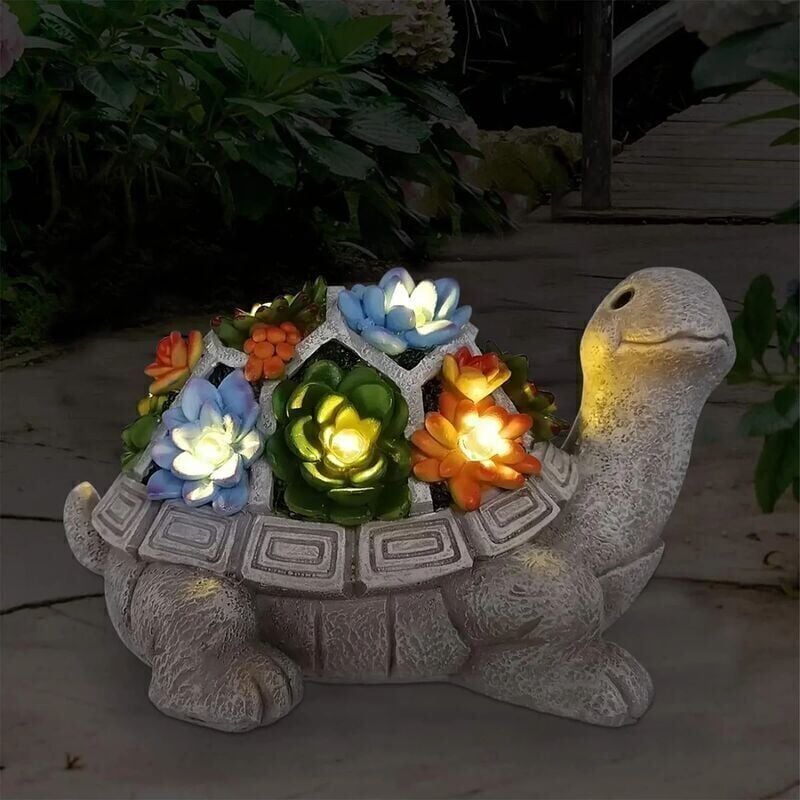 SNQ - Statue de tortue solaire de jardin avec succulente et 7 lumières led – Statue de tortue de jardin pour terrasse, balcon, cour, décoration de