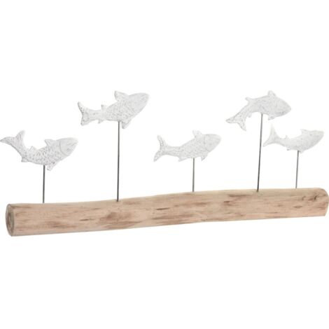 statue décorative poisson usé style bord de mer blanc et brun - brun effet bois blanc vieilli