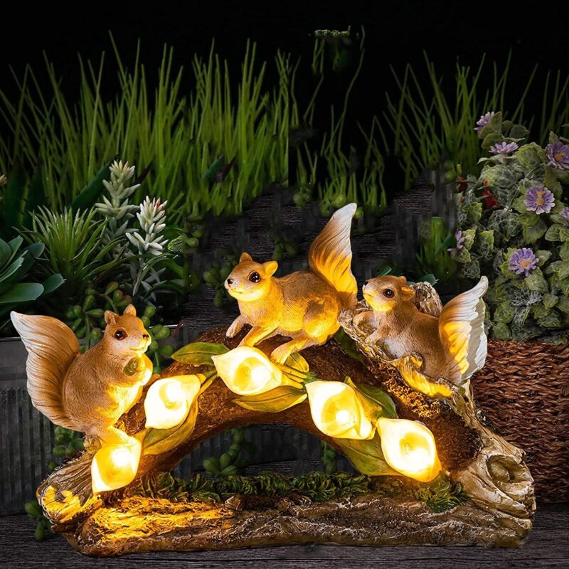 Statue d'écureuil de jardin en résine, sculpture solaire d'extérieur étanche avec lumières, idéale pour une cour, une terrasse, une pelouse ou une