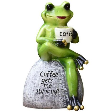 Statue du Prince Grenouille Couronne allongé dans un fauteuil à bascule buvant du café, figurine pour jardin, terrasse ou intérieur