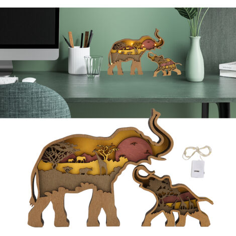 Statue Éléphant en Bois de Buis, Gravure Mécanique Multilayer avec Lumière, Décoration Éléphant Détaillée et Durable pour Bureau et Maison