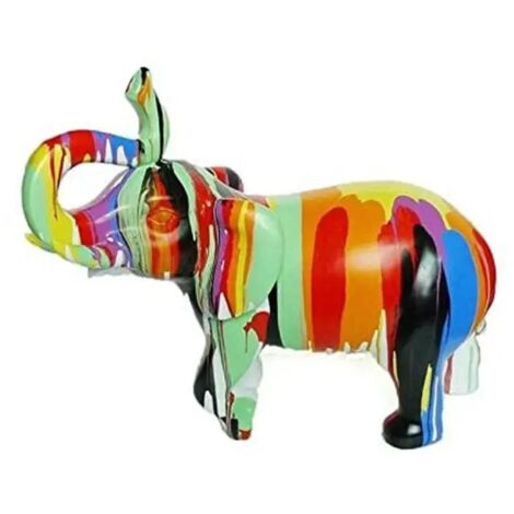 Statue éléphant multicolore H51 cm en polyrésine laquée – Décoration artisanale pour intérieur – Longueur 60 cm – Profondeur 28 cm – Meubletmoi