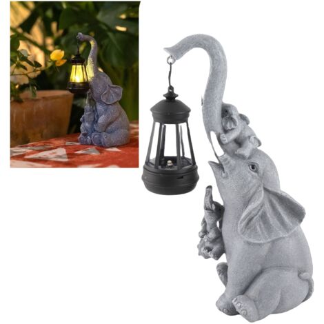 Statue Éléphant Solaire en Résine avec Lanterne Décor de Jardin Animée - Figurine Maternelle et Petit à LED Charge Écologique