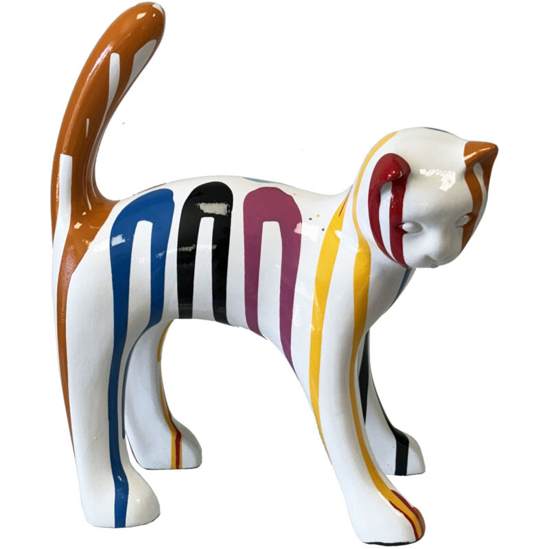 Statue en céramique chat blanc et multicolore 25 cm