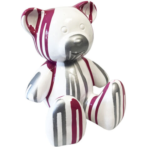 Statue en céramique Ourson blanc coulures rose et argent 23 cm