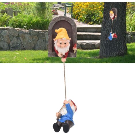 Statue Gnome à Fixation pour Arbres en Résin, Sculpture Colorée Élfe Jardins - [Garden Tree Gnome Statue] Résine Haute Qualité, Format 15,3x11x8cm, Câble Suspension 42cm, Lot Unique