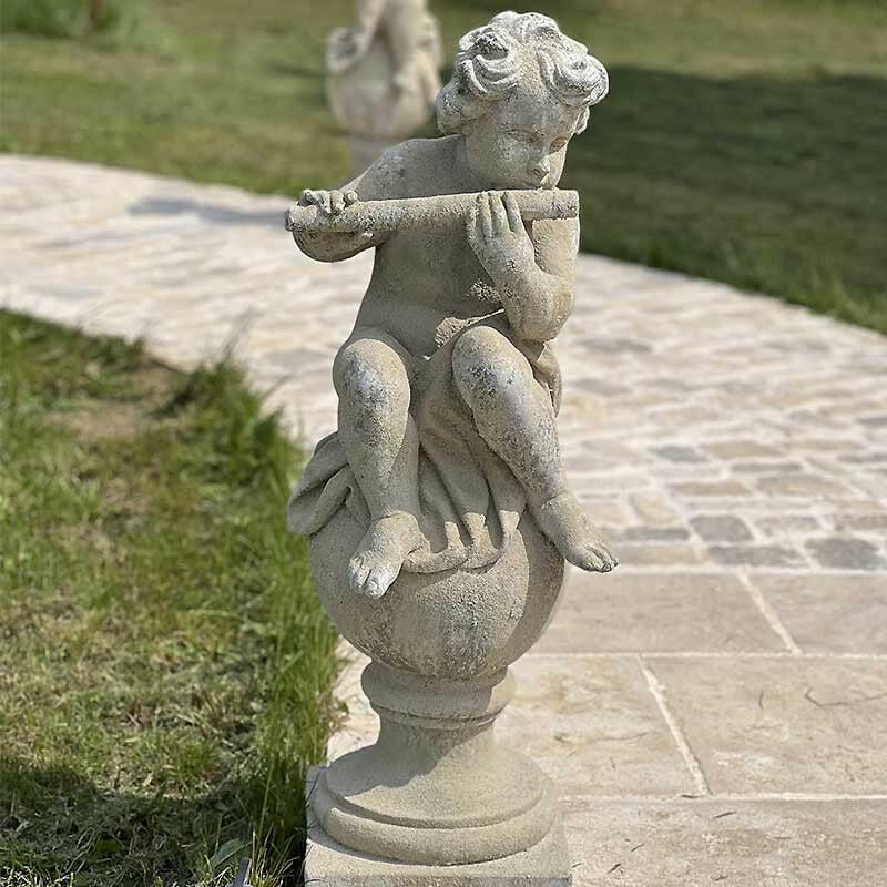 La Grande Prairie - Statue grand Putti musicien flûte 95x28x28cm