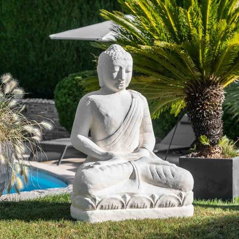 Statue jardin bouddha assis fibre de verre offrande 105cm blanc - Blanc