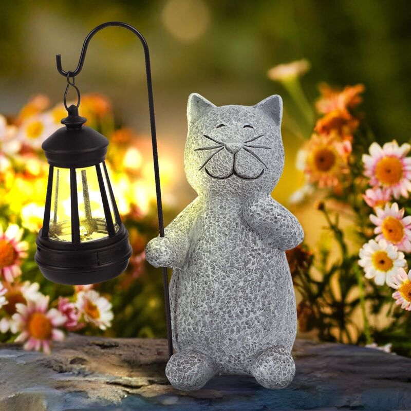 Statue Jardin Solaire Chat Figurine Lanterne Solaire Extérieur Statue Chat Mignon Résine Lampe Lumière Décoration Extérieur Balcon Terrasse Porche