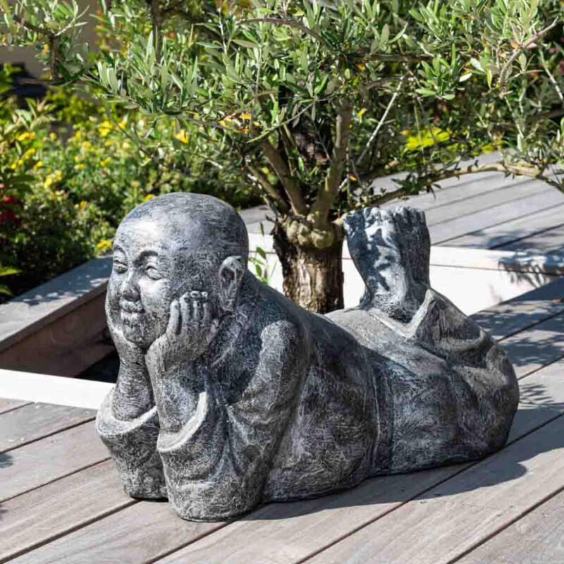 Statue moine allongé patiné gris - Gris
