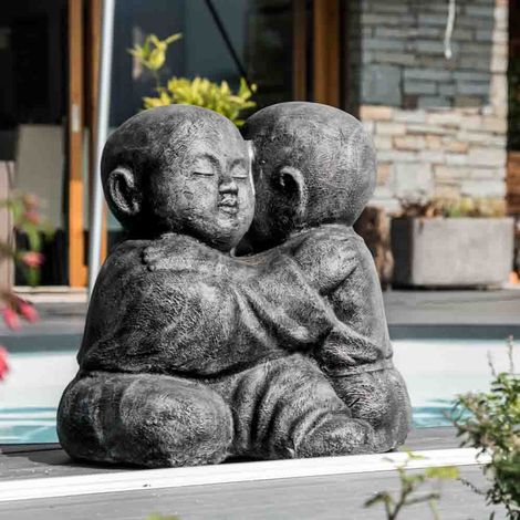 Statue moines shaolin enlacés patiné gris 50 cm - Gris