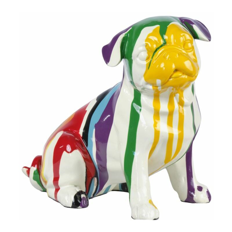 Statue chien carlin assis avec coulure multicolore H18 cm - CARL DRIPS