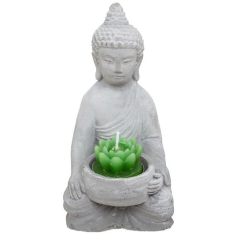 Statue Photophore avec Bougie "Bouddha" 15cm Gris