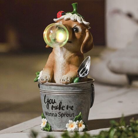 Statue pour Jardin - Chiot avec Bulle de Gomme et Lumières LED Solaires pour Décoration d’Intérieure et Extérieure pour Pelouse de Patio, 29,8 15,6 cm, Décor pour Saison Fêtes Noël