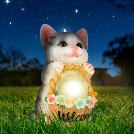 Statue solaire chaton panier fleuri en résine, lampe globe LED étanche, décoration d'entrée extérieure jardin pelouse