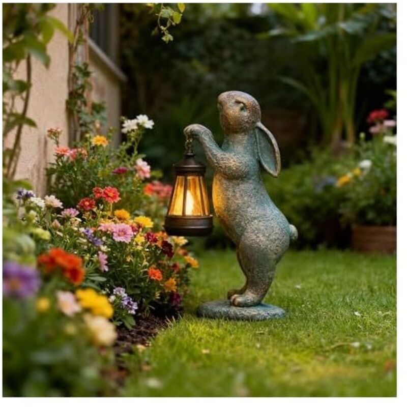 Statue Solaire de Jardin, Lapin avec Lumières Solaires en Résine Résistante aux Intempéries, Sculptures et Statues de Jardin Décoration pour