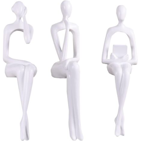 Statues de penseur en résine blanche + 3 sculptures abstraites assises, figurines de bureau, décorations d'étagère et de table dorées