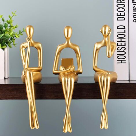 Statues de penseur en résine dorée, 3 sculptures abstraites assises, figurines de bureau, décoration d'étagère et de table, doré