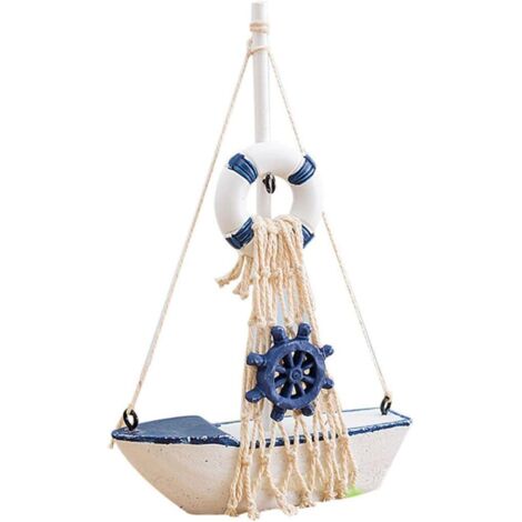 Statues et autres décorations. Maquette de petit voilier naviguant paisiblement. Bateau en filet de coton, décoration intérieure. Objet artisanal en bois. 17 x 12 x 3 cm. 1 pièce, bleu et blanc.