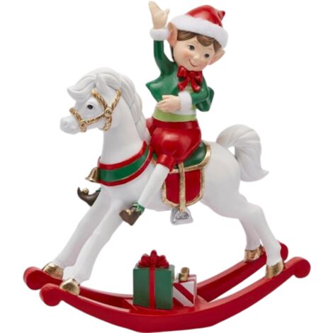 Statuetta a forma di Elfo con cavallo in poliresina, color bianco e rosso, 20 x 6 x h 23 cm