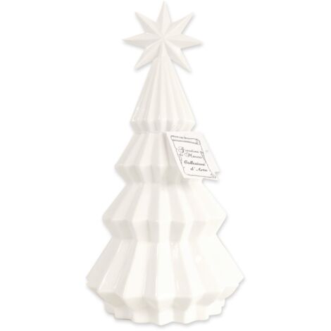 Statuetta Albero di Natale con Stella decorazione natalizia in Ceramica Bianca con luce Led Grande Altezza 31,3 cm