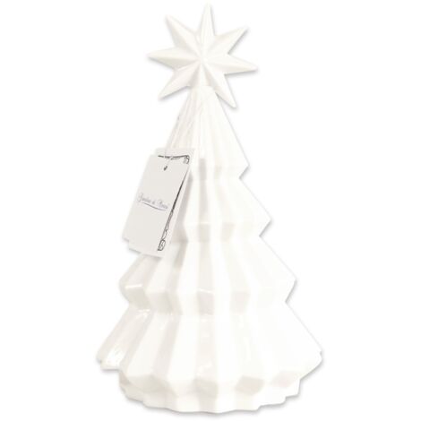 Statuetta Albero di Natale con Stella decorazione natalizia in Ceramica Bianca con luce Led Piccolo Altezza 21,5 cm