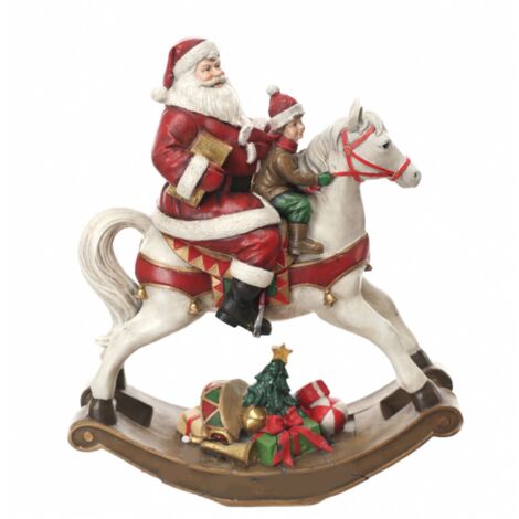 Statuetta Cavallo a dondolo con Babbo Natale colori natalizi in poli-resina Storia Dino Bianchi