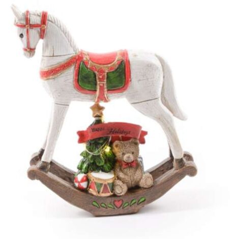 Statuetta Cavallo a dondolo effetto legno con colori natalizi in resina -Grande