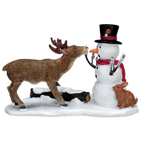 Statuetta cervo con pupazzo di neve decorazione natalizia per presepe e villaggio di Natale