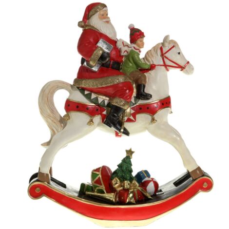 Statuetta decorativa Babbo natale con cavalluccio decorazione natalizia in resina da 34 cm