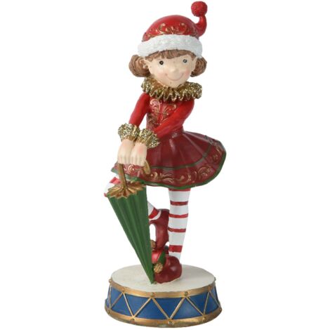 Statuetta decorativa elfo femmina con ombrello decorazione natalizia in resina da 22 cm
