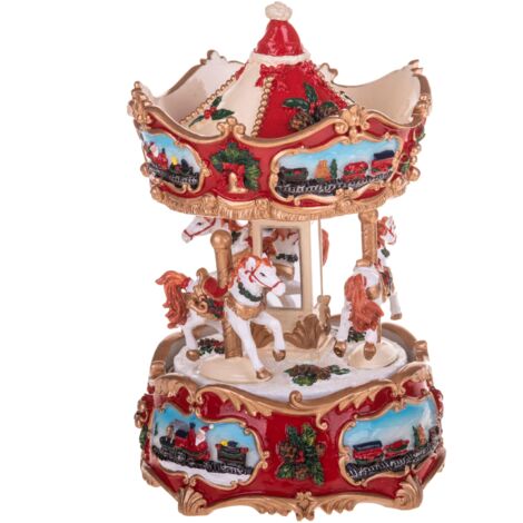 Statuetta giostra con carillon in resina H16 cm per decorazioni natalizie