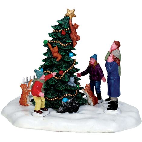 Statuetta in poliresina "Catastrofe natalizia" con albero che cade per villaggio di Natale