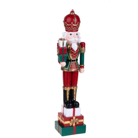 Statuetta soldato schiaccianoci con pacchi in resina per decorazioni natalizie