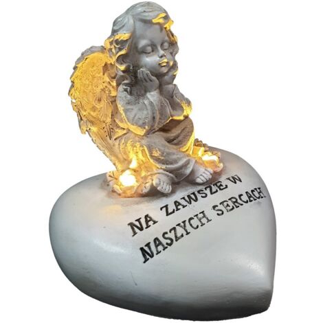 Statuetta tombale a LED con angelo e scritta PER SEMPRE NEI NOSTRI CUORI 12 cm