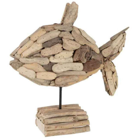 Statuette Déco Bois "Poisson sur Pied" 40cm Beige