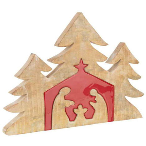 Statuette Déco Bois "Puzzle Nativité" 55cm Rouge