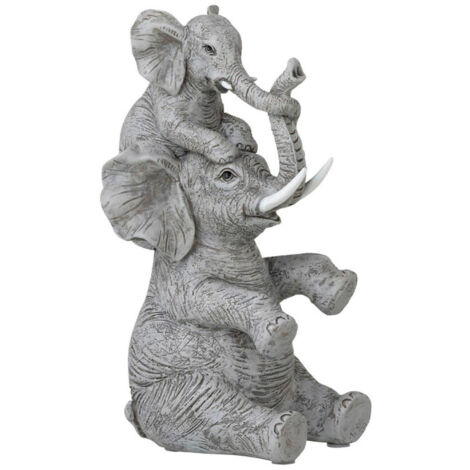 Statuette Déco "Éléphant avec Enfant" 23cm Gris