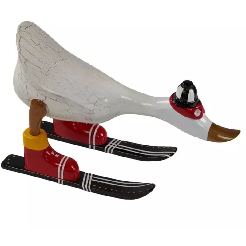 Meubletmoi - Statuette décorative 18 cm canard skieur blanc bois de teck – donny