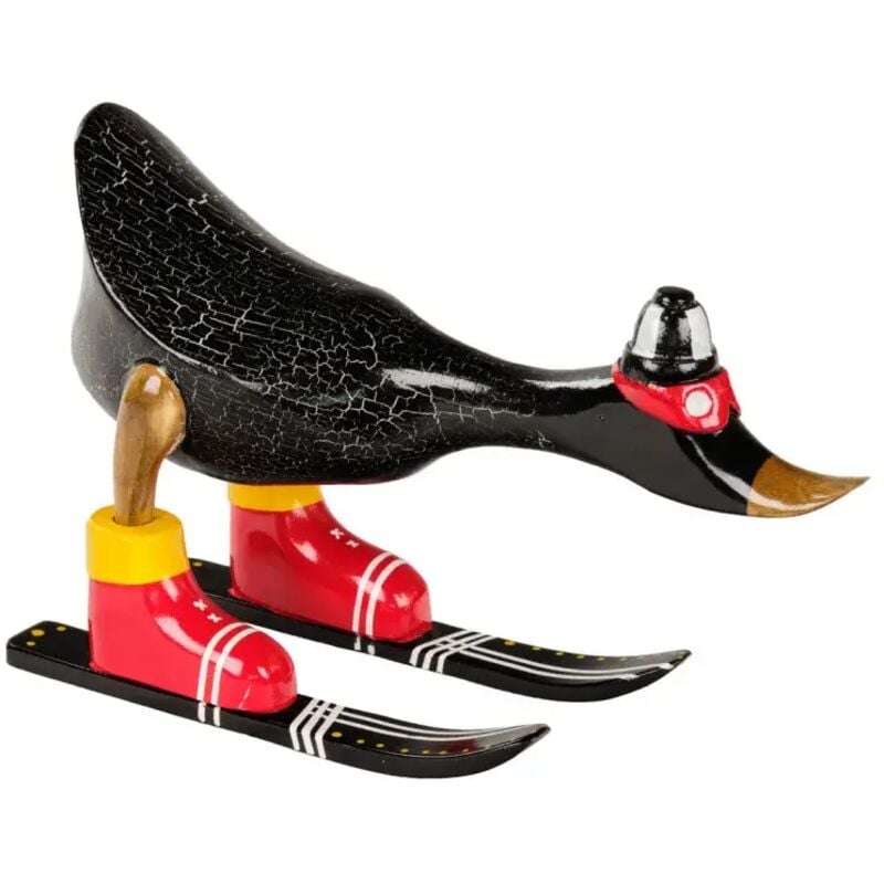 Statuette décorative 18 cm canard skieur noir en bois de teck – DONNY
