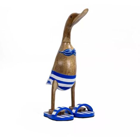 Statuette décorative 40 cm canard bleu blanc rayé en teck – DAFLY