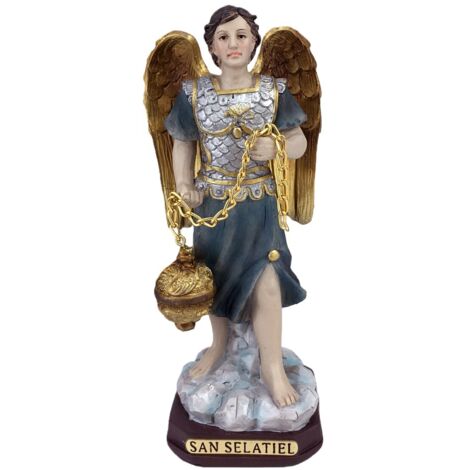Statuette religieuse de saint Selatiel en résine avec détails dorés et chaînes