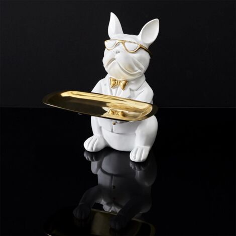 The Home Deco Factory – Statue bulldog blanc et doré vide-poche – Dimensions 19 x 20 x 23 cm – Polyrésine et métal – Base feutrée antidérapante
