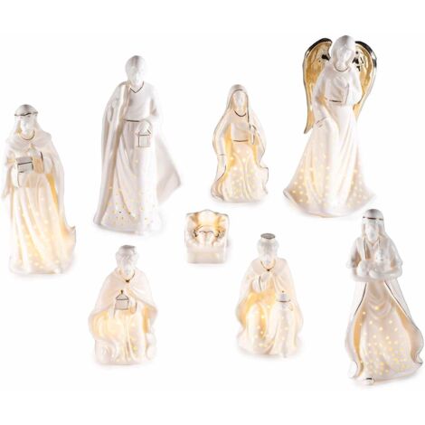 Statuine per il Presepe in Porcellana Bianca e Oro con Led 8 Personaggi Natività