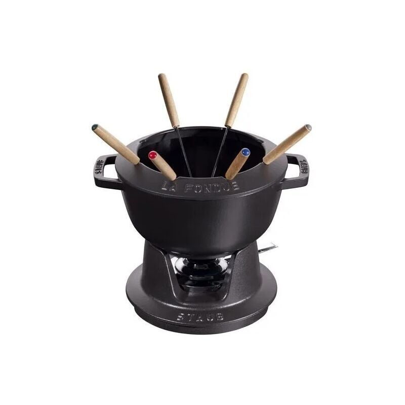 STAUB- Service à Fondue en Fonte, avec 6 Fourchettes à Fondue, Pour Fondue Savoyarde, Bourguignonne et au Chocolat, Ø 20 cm, Noir Mat